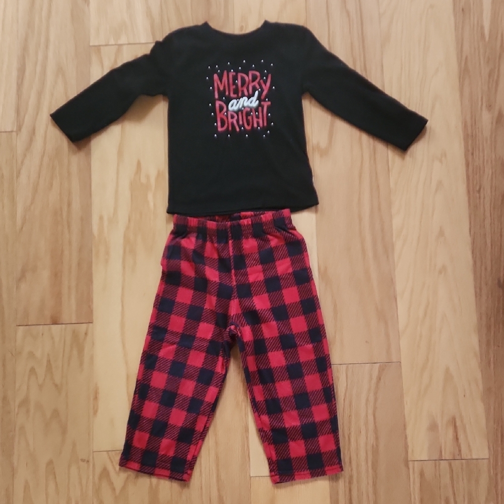 Kids 'Merry and Bright' Black Top with Red Plaid Pajama Set 2 T